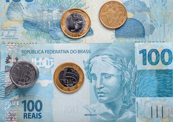 Brazilian money banknote and coins, economic market symbol, finance, stock Exchange