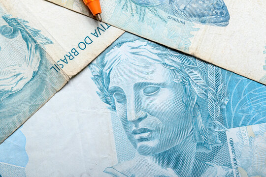 Brazilian money banknote and coins, economic market symbol, finance, stock Exchange