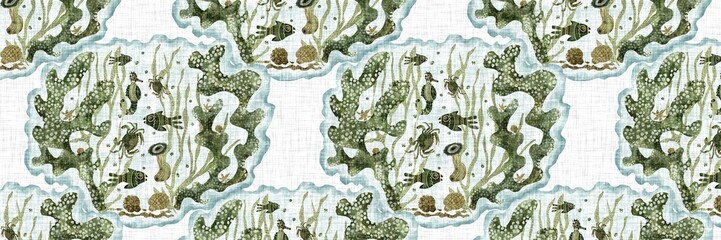 Fototapeta premium Colorful coastal seamless border with cute tropical fishes. Childish coral reef sealife fish banner. Playful summer beach edging fabric effect. Whimsical scandi fish riso endless trim. 