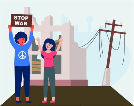 Say stop war poster. Message to stop the war. Make peace and spread love. people placed against the war