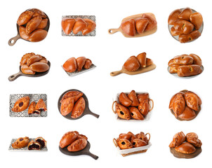 Set with delicious baked patties on white background