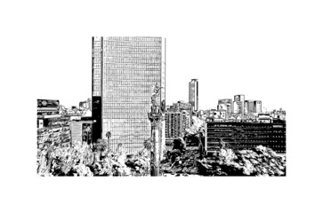 Building view with landmark of Mexico is the 
country in North America. Hand drawn sketch illustration in vector.