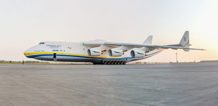 PRAGUE, CZE - MAY 12, 2016: Antonov 225 airplane on Airport Vaclava Havla . It is the biggest airplane in the world. Prague. CZECH REPUBLIC