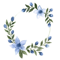 Watercolor round frame made of colorful hand painted blue flowers