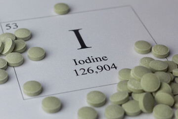 Closeup of iodine pills and periodic table.