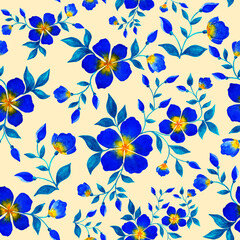 Seamless oattern with blue flowers on pale beige color background