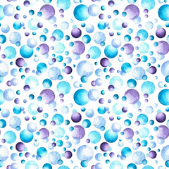 Plenty hand drawn watercolor colorful round bubbles. Violet and blue circles. Isolated on white design elements, seamless pattern