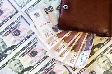 Leather wallet, Russian and dollar bills, top view