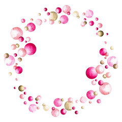 Watercolor hand drawn colorful frame made of pink and brown bubbles. Copy space
