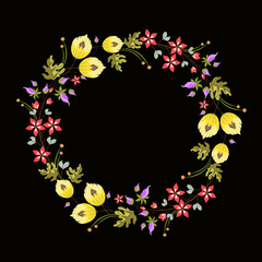 Floral wreath on a black background. Bright colorful flowers. Circle border with copy space. Design for festive decor, welcome, carnival, banner, postcard, invitation, print