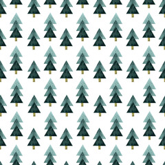 Watercolor pattern with triangle shaped lined up blue christmas trees seamless pattern isolated on white background. Aquarelle elements for priinting greeting cards, textile,, scandinavian ornaments