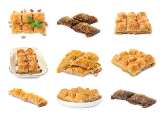 Set with tasty sweet baklava on white background