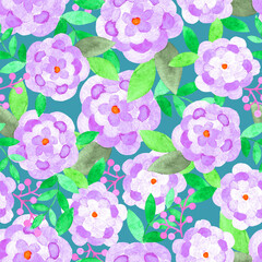 Seamless spring pink watercolor floral pattern on a green background. Pink and rose flowers pattern for wedding decoration.