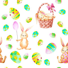 Hand drawn watercolor seamless pattern with bunnies and multicolored ester eggs on white background. Aquarelle design elements for party and print fabric, invitation and decorations