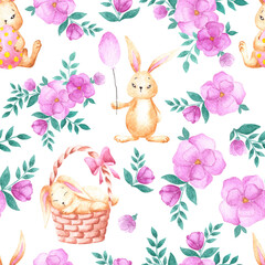 Watercolor seamless hand drawn pattern with pink roses flowers and easter bunnies. Sleeping in basket, hugging pink easter egg, holding green balloon rabbits. Aquarelle easter ornament