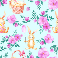 Watercolor illustration with cute bunnies and pink blooming roses flowers on blue background. Aquarelle easter ornament for print fabric. wrapper and cards. Hand drawn