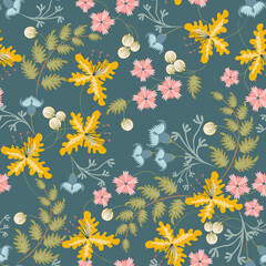 Fototapeta na wymiar Floral seamless pattern in ethnic style. Elegant hand drawn texture with flowers, berries, leaves. Modern vector ornament in green, blue, pink, yellow color. Repeating design 