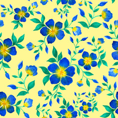 Seamless pattern made of blue flowers on pale yellow background