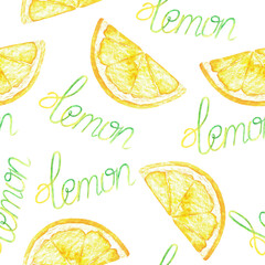 Hand drawn watercolor piece of juicy ripe yellow slices of lemon fruit with written word "lemon" with aquarelle texture isolated on white background. Design element for wrap, scrapbook and fabric