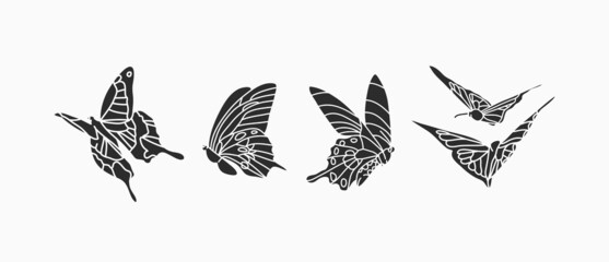 Hand drawn vector abstract stock flat graphic illustrations collection set bundle with logo elements,bohemian magic line silhouette art of mystic flying butterfly and moth,feminine simple style.