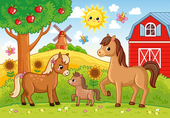 Vector illustration with a family of horses and a farm in cartoon style. Cute picture.