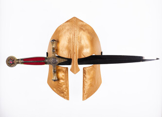 golden gladiator helmet isolated on white background