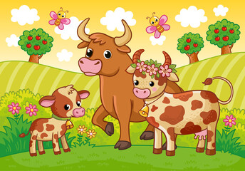 Obraz na płótnie Canvas A cute family of cows stands in a green meadow in the middle of a pooyal. Vector illustration with farm animals
