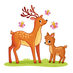 A cute deer with a cub stands on a green meadow on a white background. Vector illustration with forest animals