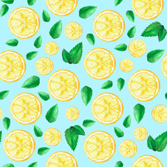 Watercolor hand drawn seamless pattern with yellow sour ripe lemon slices and mint leaves randomly.Summer background and design element for print textile, cards. Aquarelle illustrations.
