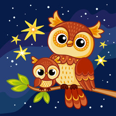 Cute owl with her cub sits on a branch against the backdrop of a starry night sky. Vector illustration in cartoon style.
