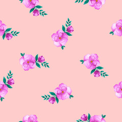 Little watercolor hand drawn pink roses with green leaves as summer floral seamless pattern on pink background. Small aquarelle flowers as web design element