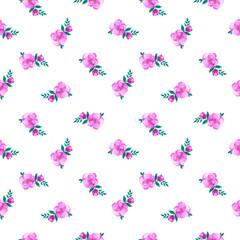 A lot of little pink colored roses flowers on white background as summer spring seamless pattern for web design.Aquarelle floral elements for printing wrapping paper, cards and fabric.
