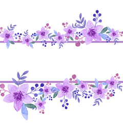 Obraz na płótnie Canvas Purple watercolor hand illustrated flowers as floral frame with blank place for text.Rectangle copy space with purple flowers isolated on white background