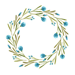 Watercolor hand drawn floral round frame with tiny light blue flowers