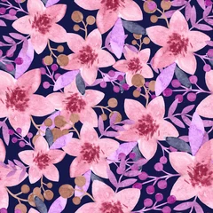 Möbelaufkleber Watercolor seamless pattern made of five petals pink flowers on dark blue © Sunny_Smile
