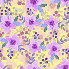Fototapeta na wymiar Watercolor seamless pattern made of five petals pink flowers on pale yellow background
