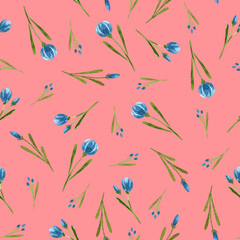 Seamless pattern made of tiny light blue flowers around on a pink background. Design for invitation, wedding or greeting cards