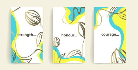 Vector template with golden tulips and Ukrainian phage for social media posts, stories, banners, mobile apps, web, advertising. Design with copy space for text, abstract organic shapes, flowers