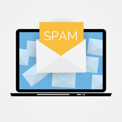 Envelope with spam. Spam Email Warning Window On Laptop Screen. Illustration