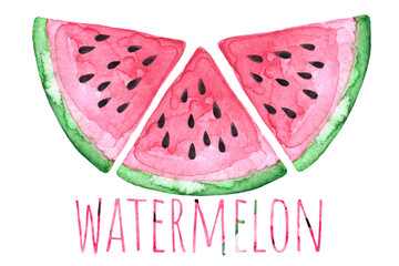 Three watercolor watermelon pieces with written word 