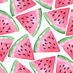 Hand drawn watercolor seamless pattern with a lot of watermelon slices on white background. Cute funny background for design.