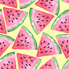 Hand painted watercolor seamless pattern with a lot of tasty watermelon slices on yellow background. Stylish trendy illustration for fabric or wrapping paper.