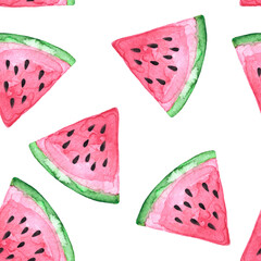 Hand drawn watercolor seamless pattern with a lot of watermelon slices on white background. Materials for designers for making textile, covers, wraping paper or fabric.