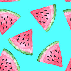 Hand drawn watercolor seamless pattern with a lot of watermelon slices on blue background. Design elements for making package, wrappimg paper, fabric, textile.