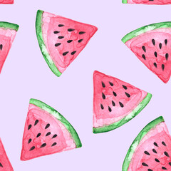 Hand drawn watercolor seamless pattern with a lot of watermelon slices on pale violet background. Design element as juicy pulpy watermelon pieces for print.