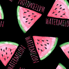 Hand drawn watercolor piece of juicy watermelon with written word 