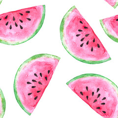 Hand drawn watercolor seamless pattern with a lot of watermelon slices. Sliced red pink aquarelle watermelon isolated on white background.