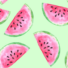 Hand drawn watercolor seamless pattern with a lot of watermelon slices. Sliced pink watercolor watermelon as design element for printing textile or wrapping paper