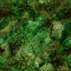 Hand drawn watercolor textured seamless pattern with spots, dots and splashes in green colors as design element. Abstract marble backdrop