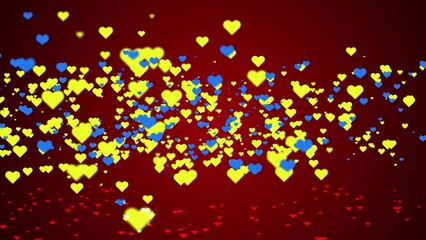 Hearts in the colors of the Ukrainian flag are flying on a red background. The unity of the Ukrainian people against Russian aggression concept. - Powered by Adobe